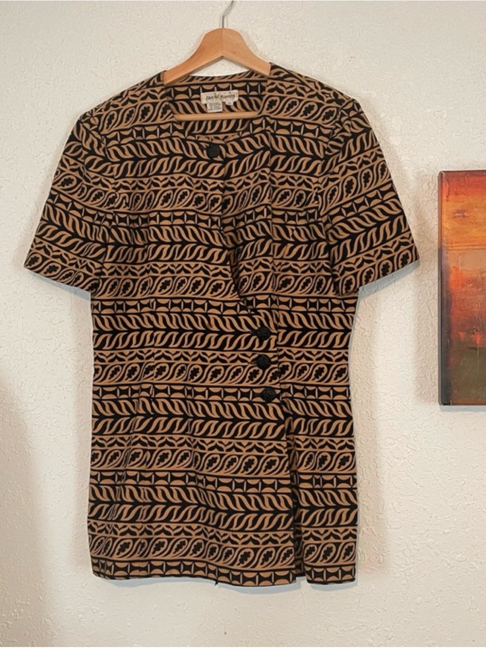 Short-Sleeve Patterned Button-Up Shirt - Black & Tan